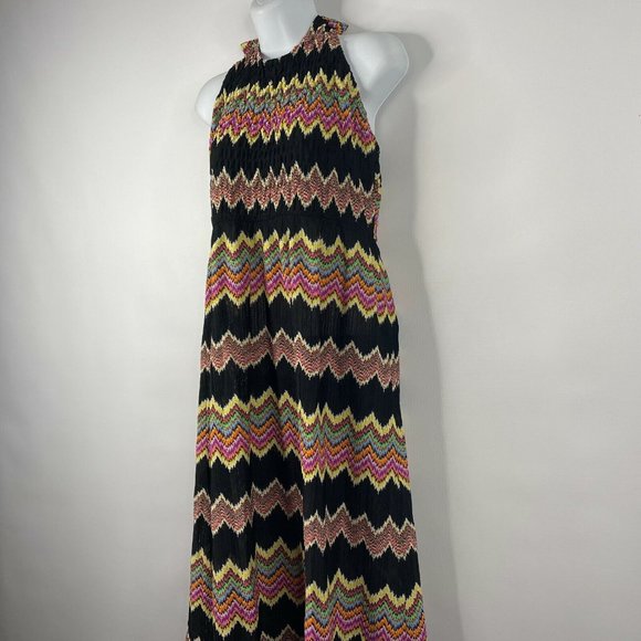 Vintage 70s Leslie J Maxi Halter Dress Size S Black Rainbow Knit Flame Stitch - Picture 7 of 9